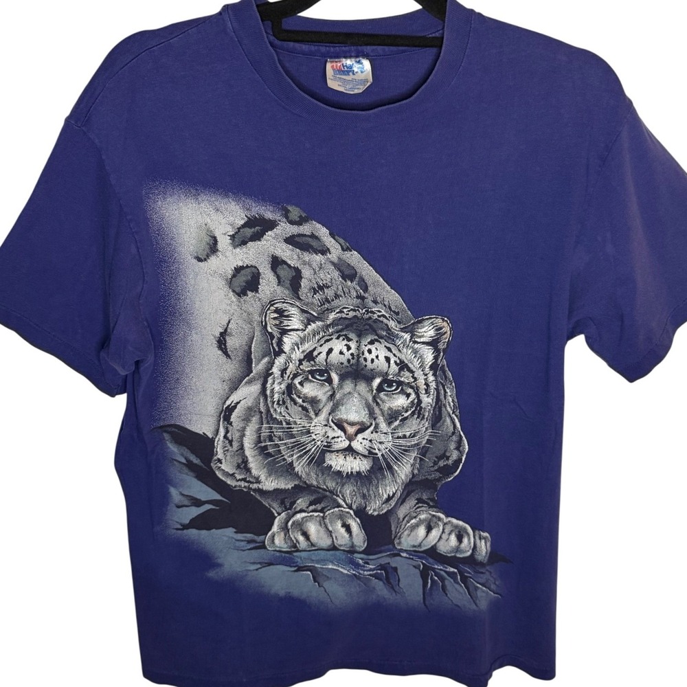 Vintage Hanes Beefy-T Snow Leopard Graphic T-Shirt Men's Medium Purple 90s‎ USA